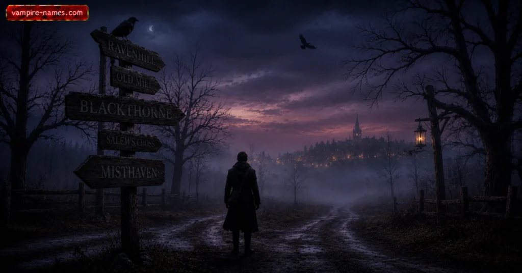 700+ Spooky & Scary Town Names 5 spooky town names conclusion โ crossroads sign foggy town distance twilight illustration