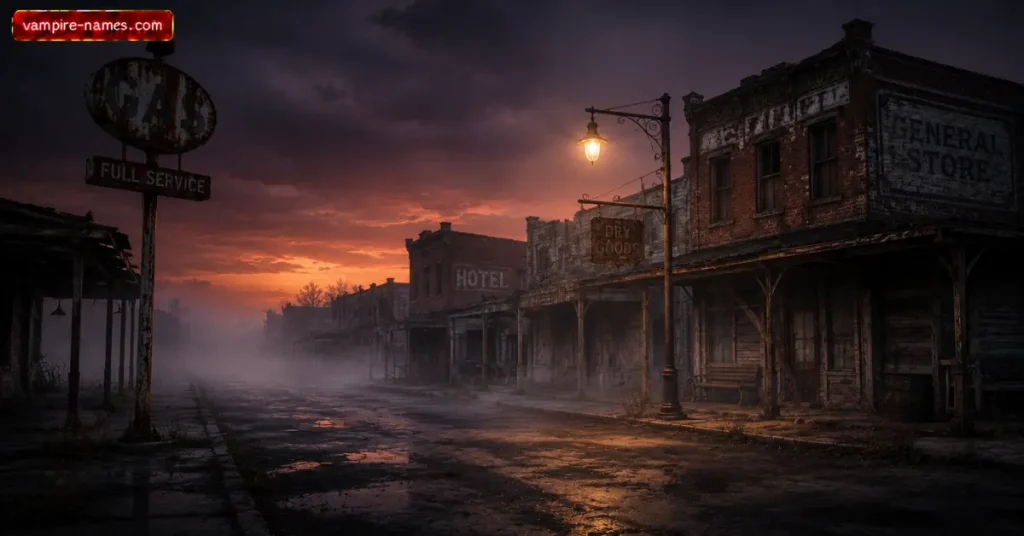 700+ Spooky & Scary Town Names 2 spooky town names โ abandoned ghost town main street dusk fog atmosphere illustration