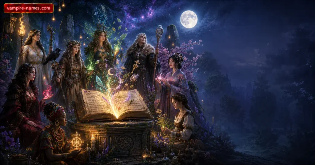 700+ EVIL WITCH NAMES FEMALE 6 Powerful witches from different magical traditions surrounding a glowing spellbook, representing the history and meaning of witch names.
