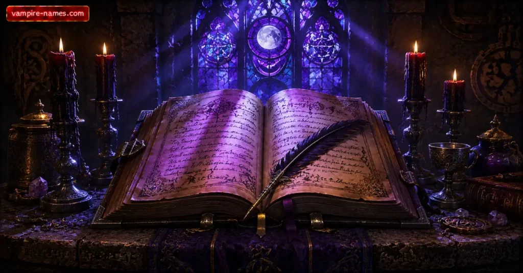 700+ EVIL WITCH NAMES FEMALE 3 Female witch names with meanings โ ancient grimoire open on stone altar by moonlight